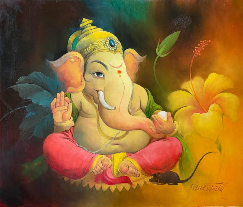 Avighna' religious oil painting by artist Namdev M Patil, 34x42 inch, on canvas