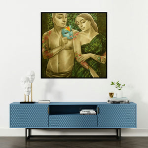 'Avisar 5' painting by Sukanta Das shown on a wall in a furnished room.