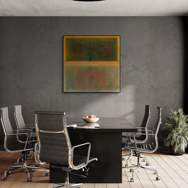 Preview of 'Avkasha (Earthbound)' Painting by Khushal Khairnar shown on a wall in a furnished room.