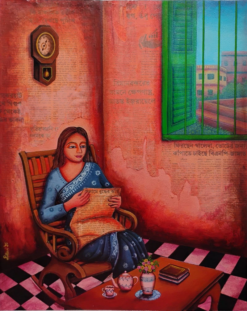 'The Awareness' figurative mixed-media painting by artist Pallavi Dutta, 20x16 inch, on paper
