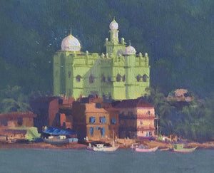 Azaan (Call to Prayer) by Paresh Thukrul, Original Oil Cityscape Painting on Canvas, Small Horizontal Wall Art