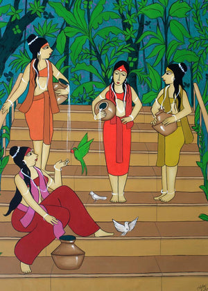 Babble (A Moment of Tranquility**) by Chetan Katigar, Original Acrylic Figurative Painting on Canvas, Medium Vertical Wall Art