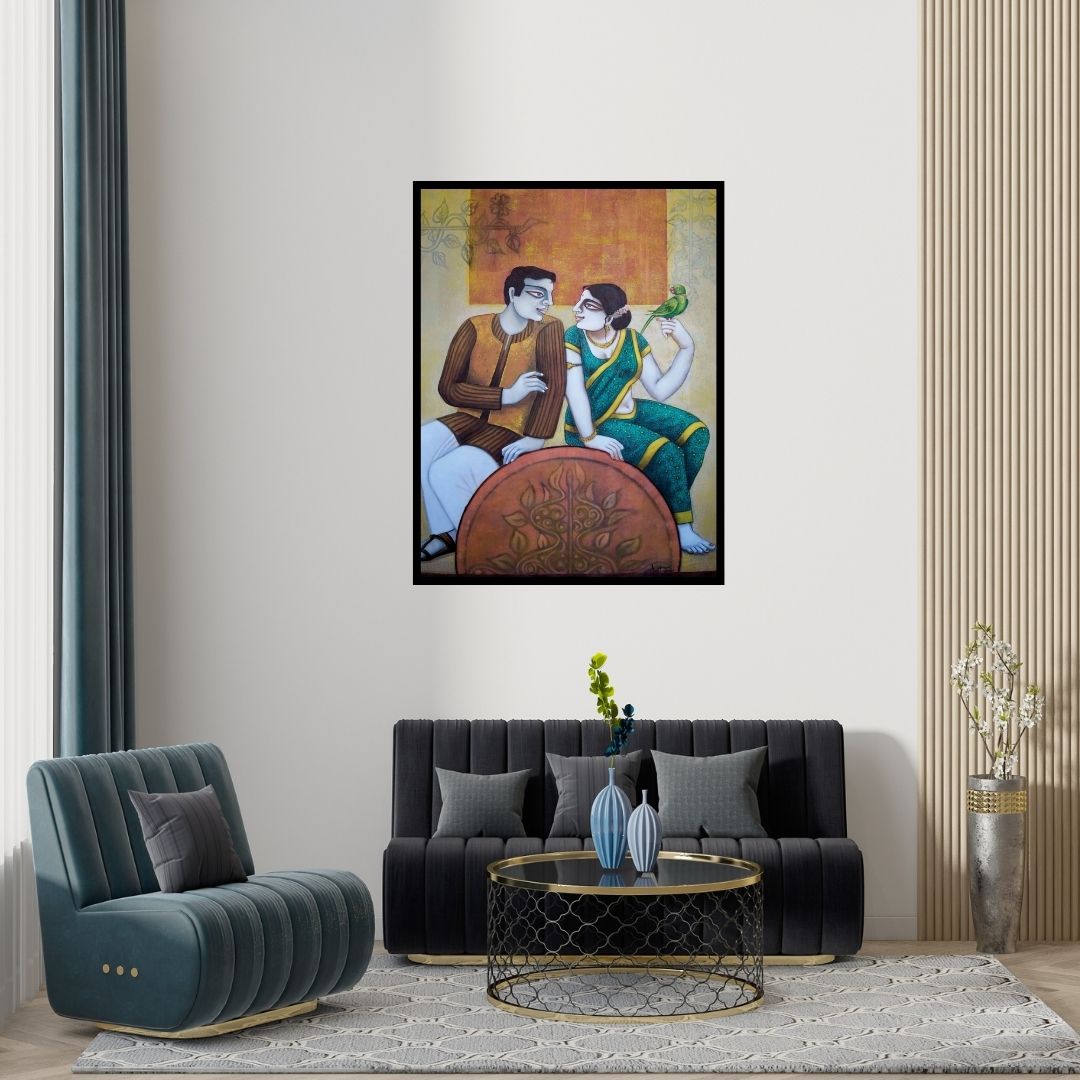 Preview of 'Babu And Bibi 3 (Couple with Parrot)' Painting by Gautam Mukherjee shown on a wall in a furnished room.