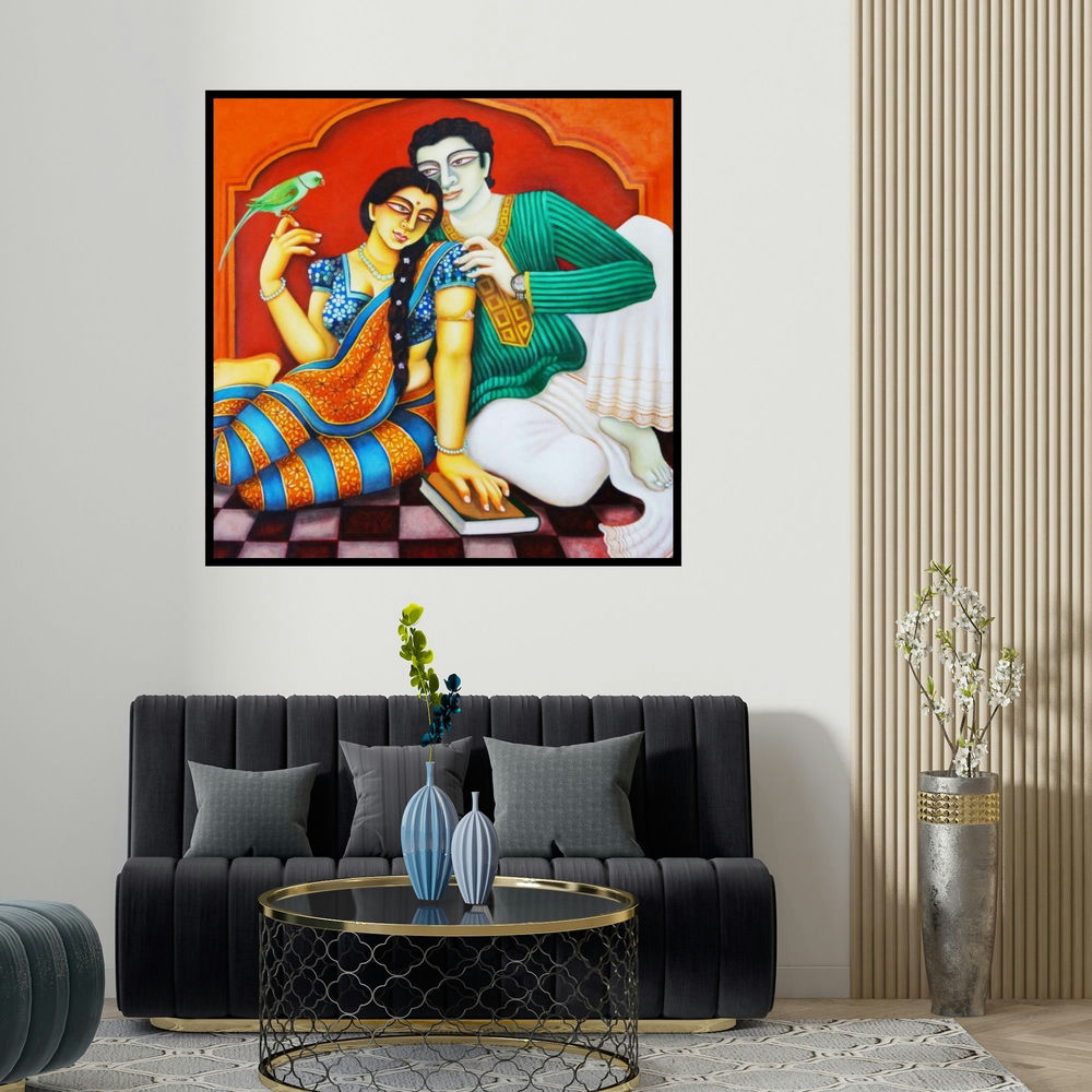 Gautam Mukherjee's 'Babu And Bibi 3' painting visualized above a sofa in a contemporary room.