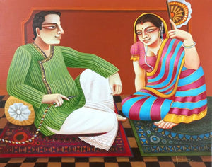 Babu And Bibi 7 by Gautam Mukherjee, Original Acrylic Figurative Painting on Canvas, Medium Horizontal Wall Art
