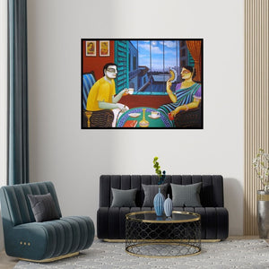 Preview of 'Babu And Bibi' Painting by Gautam Mukherjee shown on a wall in a furnished room.