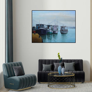 Purnendu Mandal's 'Babu Ghat 2 (Morning on the Hooghly)' painting visualized above a sofa in a contemporary room.