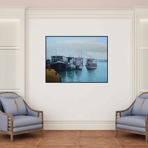 'Babu Ghat 2 (Morning on the Hooghly)' painting by Purnendu Mandal shown on a wall in a furnished room.