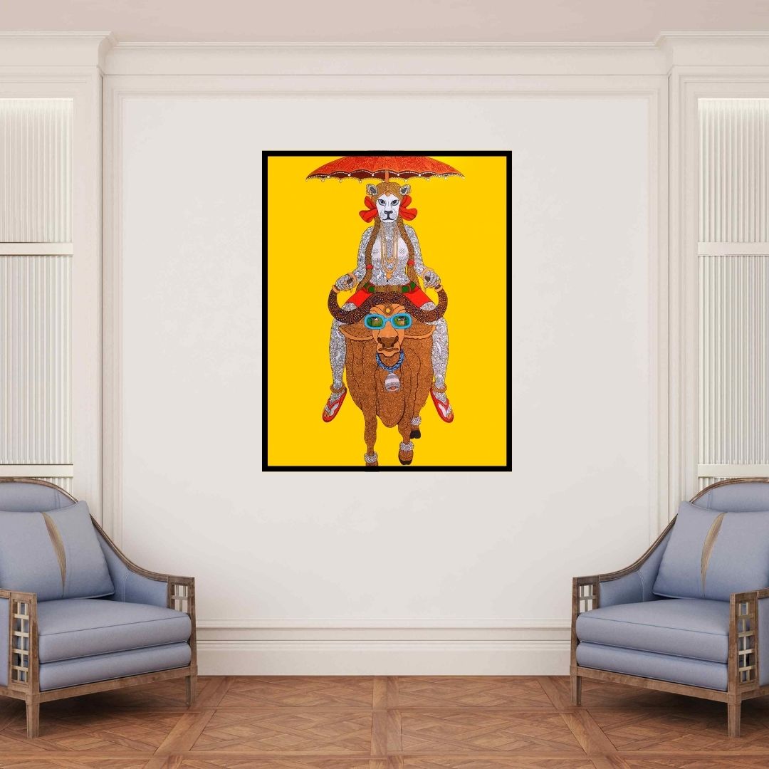 In-situ view of Bandana Kumari's 'Baby Day Out' painting in a room