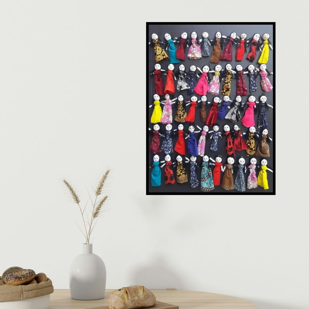 Pranita Das's 'Bachpan (A Collection of Cloth Dolls)' painting visualized above a sofa in a contemporary room.