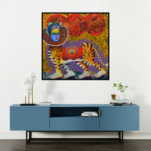 'Bagha Nacha 2 (Bagha Nacha 2)' painting by Kanha Behera shown on a wall in a furnished room.