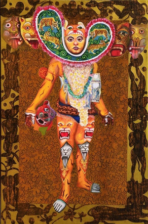 Bagha Nacha (The Enigmatic Performer) by Kanha Behera, Original Mixed Media Religious Painting on Canvas, X-Large Vertical Wall Art