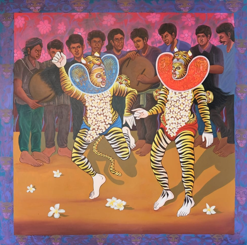 Bagha Nata 1' religious acrylic painting by artist Kanha Behera, 72x72 inch, on canvas