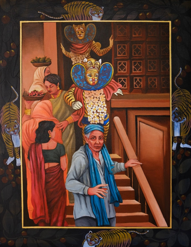 Bagha Nata 2' religious acrylic painting by artist Kanha Behera, 48x36 inch, on canvas