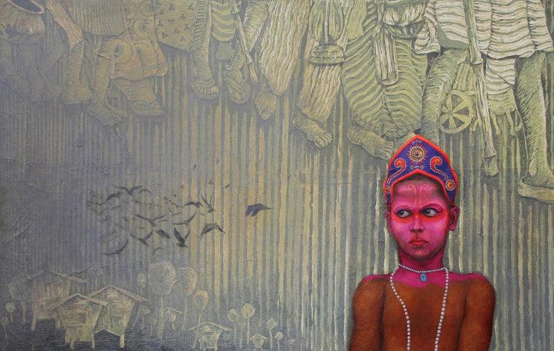 contemporary mixed media painting titled 'Bahurupi 3', 36x60 inches, by artist Biswajit Roy on Canvas