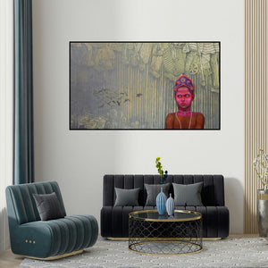 Biswajit Roy's 'Bahurupi 3' painting visualized above a sofa in a contemporary room.