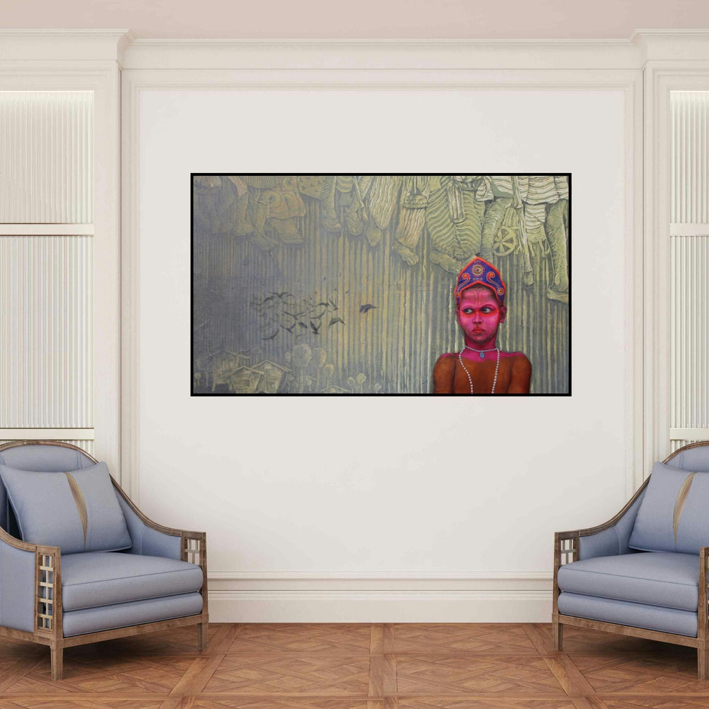 'Bahurupi 3' painting by Biswajit Roy shown on a wall in a furnished room.
