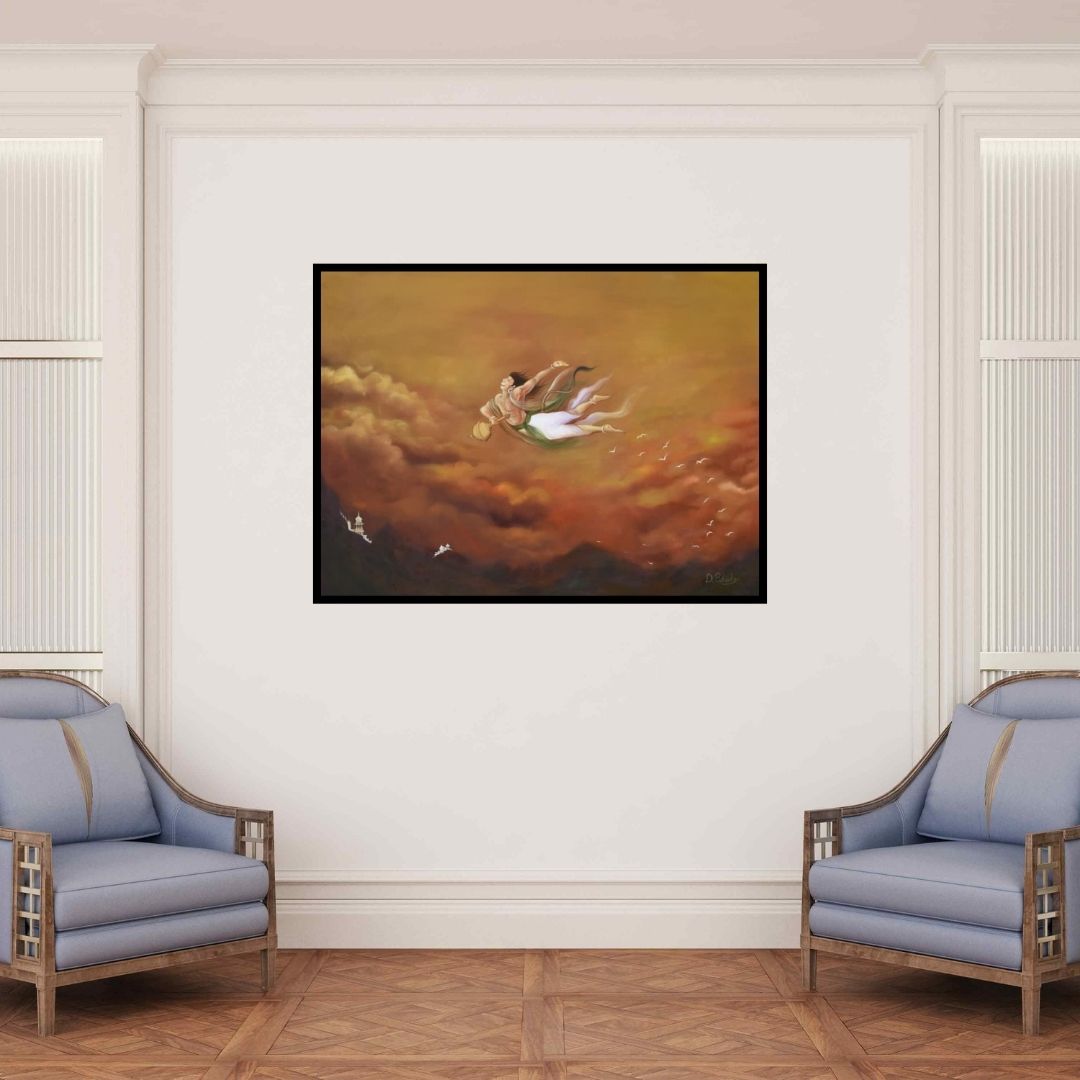 In-situ view of Durshit Bhaskar's 'Flight Of Fantasy (Bajrang Bali)' painting in a room