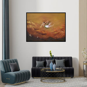 Preview of 'Flight Of Fantasy (Bajrang Bali)' Painting by Durshit Bhaskar shown on a wall in a furnished room.