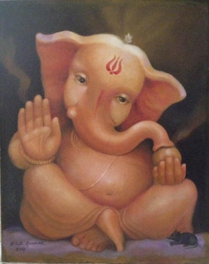 Bala Ganesh (Lord Blessing) by B S B Goudar, Original Oil Religious Painting on Canvas Board, Small Vertical Wall Art