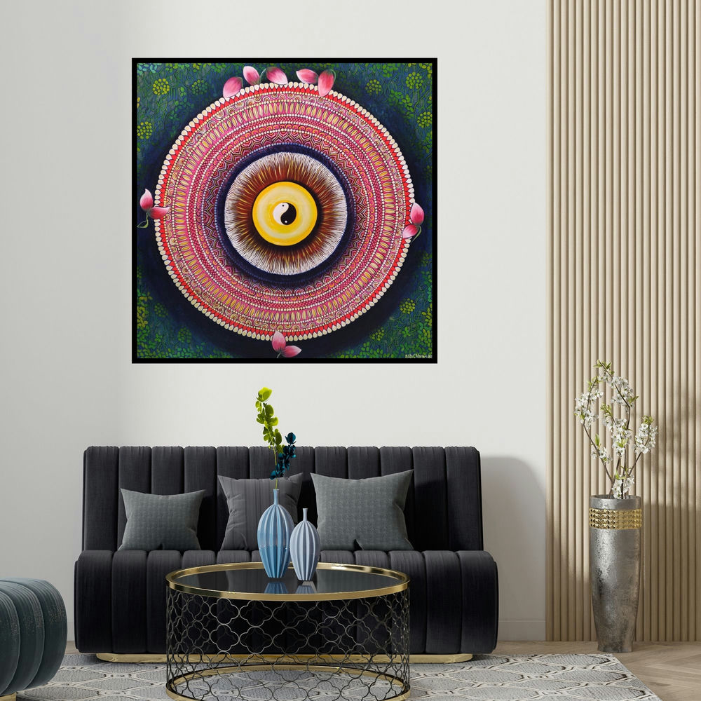 Nitu Chhajer's 'Balance (The Cosmic Eye)' painting visualized above a sofa in a contemporary room.