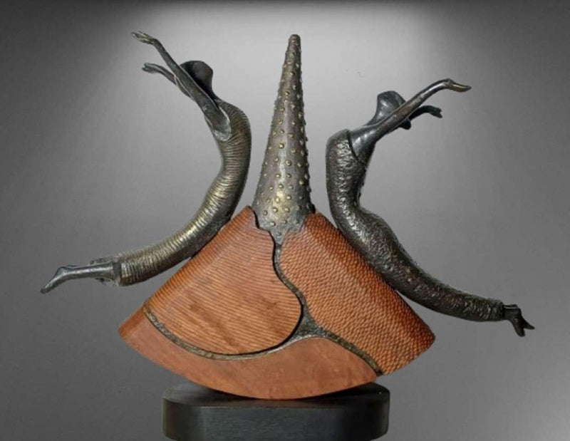 Balance Between Love' figurative Bronze, Wood sculpture by artist Subrata Paul, 21x26 inch, on bronze, wood