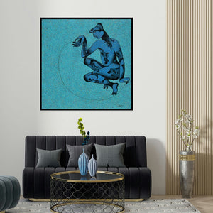 Chikmath Fv's 'Balance (Balancing Act: A Figurative Study in Blue)' painting visualized above a sofa in a contemporary room.