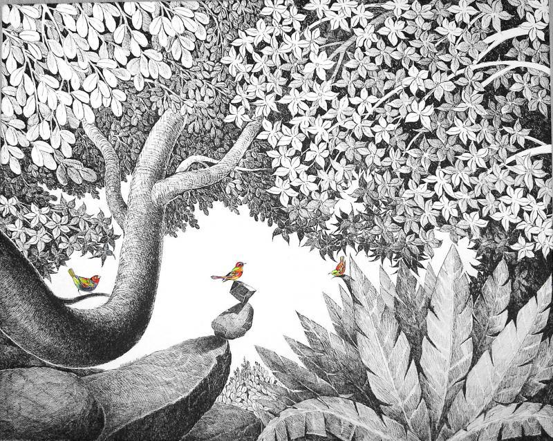 Nature acrylic painting titled 'Balancing Under The Tree', 30x24 inches, by artist Umakant Kanade on Canvas