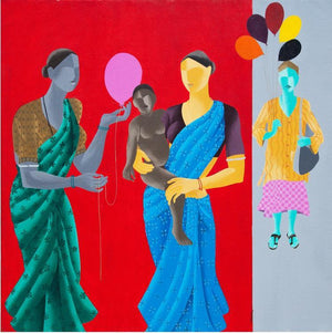 Balloon For The Baby by Abhiram Bairu, Original Acrylic Figurative Painting on Canvas, Medium Square Wall Art