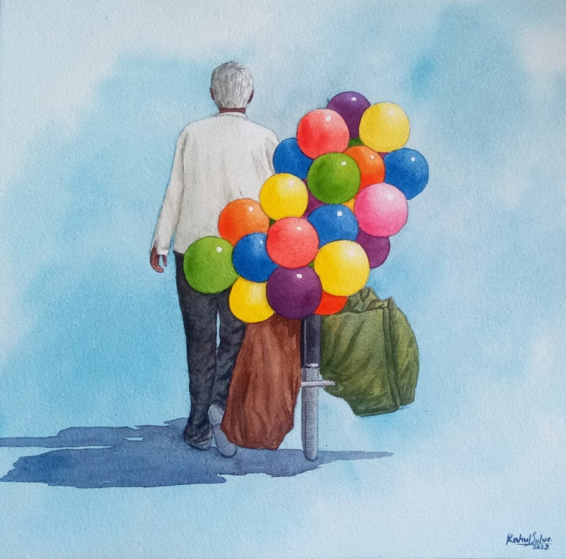Balloon Seller' figurative watercolor painting by artist Rahul Salve, 12x12 inch, on paper