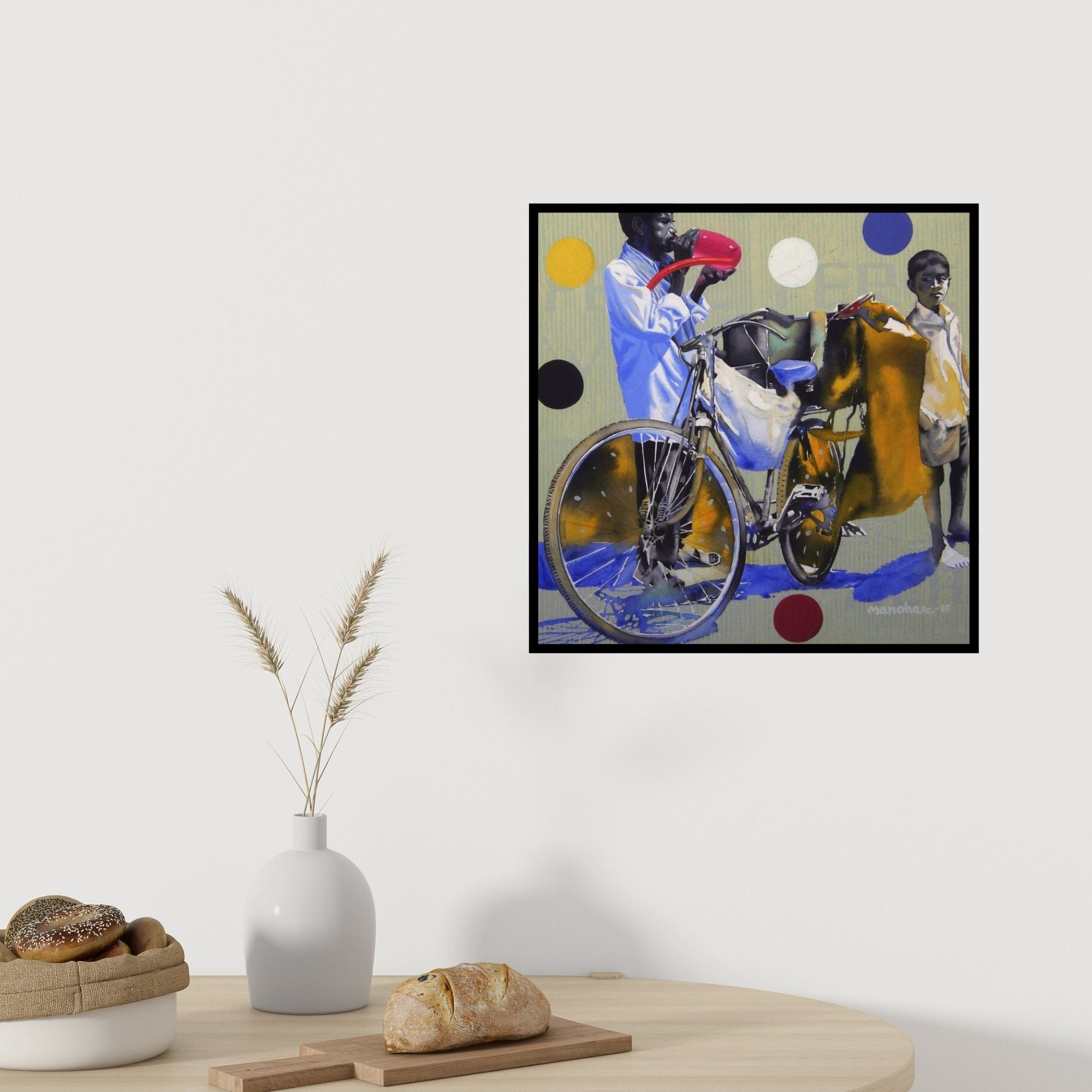 In-situ view of Manohar Rathod's 'Balloon Seller 1' painting in a room