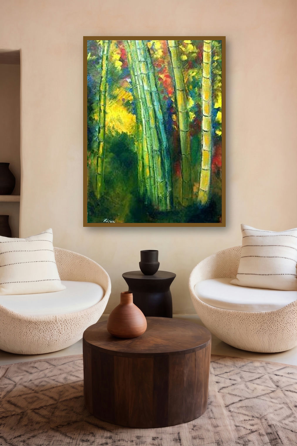 Bamboo Trees (Emerald Canopy) by artist Kiran Bableshwar displayed in a Modern gallery