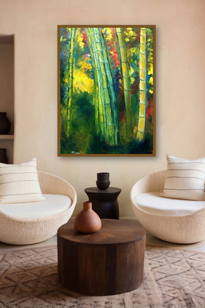 Bamboo Trees (Emerald Canopy) by artist Kiran Bableshwar displayed in a Modern gallery