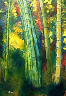 Bamboo Trees (Emerald Canopy) by Kiran Bableshwar, Original Oil Impressionist Painting on Canvas, Small Vertical Wall Art