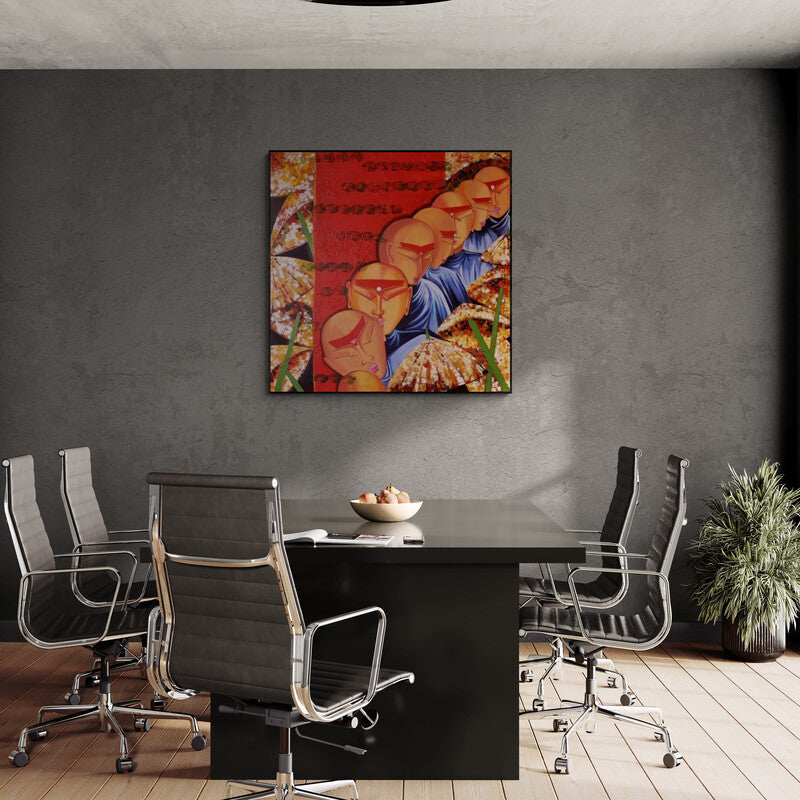 Preview of 'Banaras (Echoes of Enlightenment)' Painting by Deepali Mundra shown on a wall in a furnished room.
