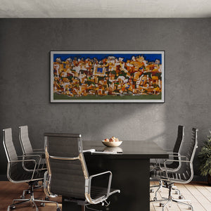 Preview of 'Banaras' Painting by Jagdeep Smart shown on a wall in a furnished room.