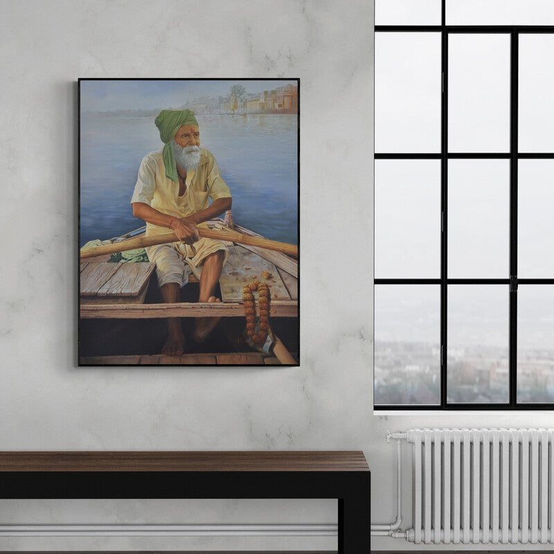 Kamal Rao's painting 'Banaras (Monk at Buddha Statue)' displayed in a modern living room setting