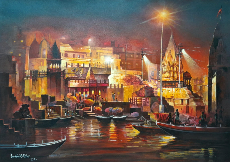 'Banaras' religious mixed-media painting by artist Sudhir Meher, 22x30 inch, on paper