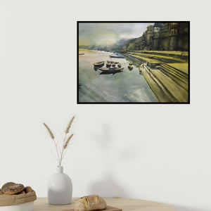 In-situ view of Ajay Sangve's 'Banaras 3 (Banaras Ghat 3)' painting in a room