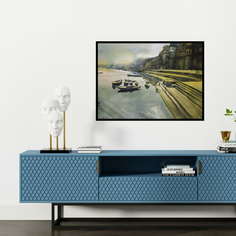 Preview of 'Banaras 3 (Banaras Ghat 3)' Painting by Ajay Sangve shown on a wall in a furnished room.