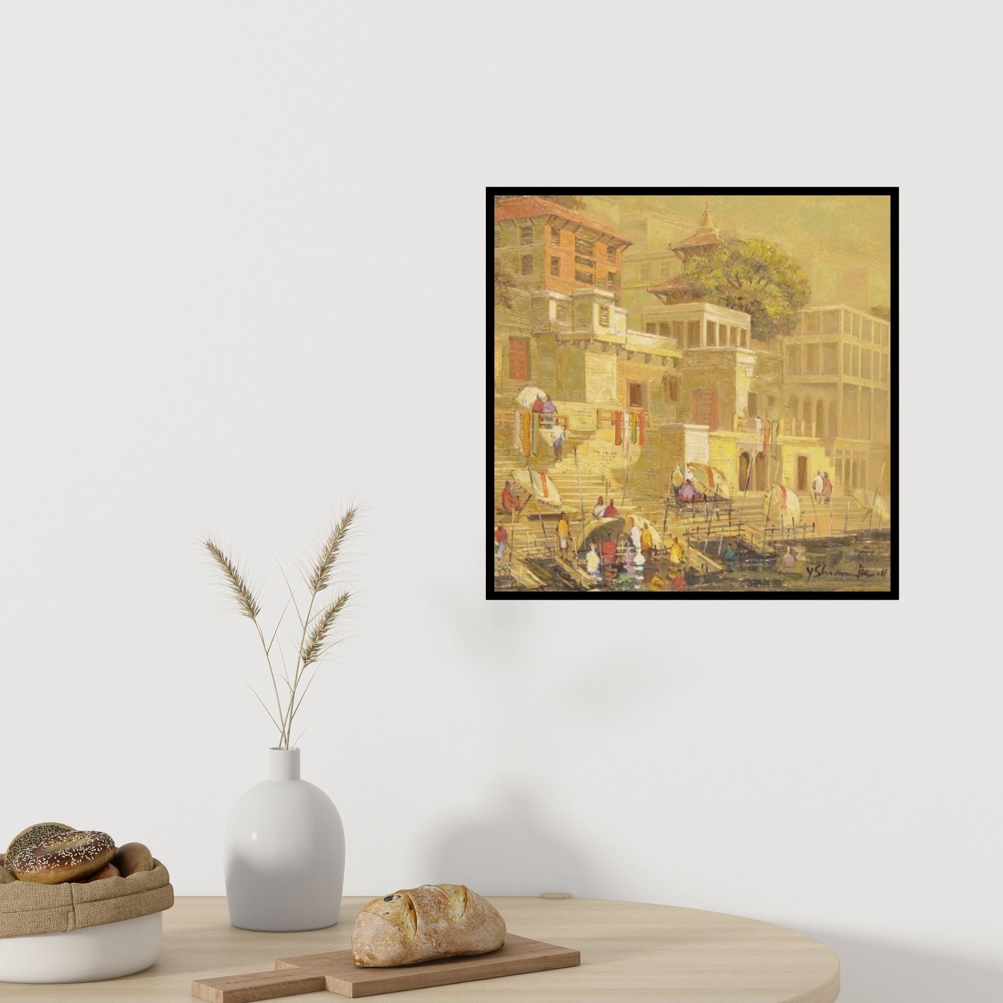 In-situ view of Yashwant Shirwadkar's 'Banaras 4 (Steps to the Sacred)' painting in a room