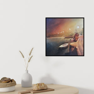 In-situ view of Ajay Sangve's 'Banaras 4 (Evening at Banaras Ghat)' painting in a room