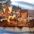 Cityscape acrylic painting titled 'Banaras Evening Lights', 60x60 inches, by artist Anand Bekwad on Canvas