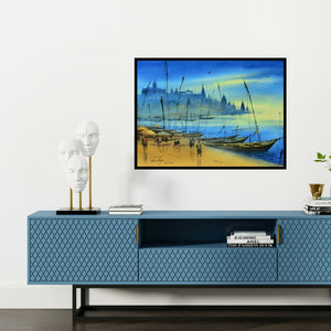 Preview of 'Banaras Ganga Ghat 11 (City of Dreams)' Painting by Ganesh Hire shown on a wall in a furnished room.
