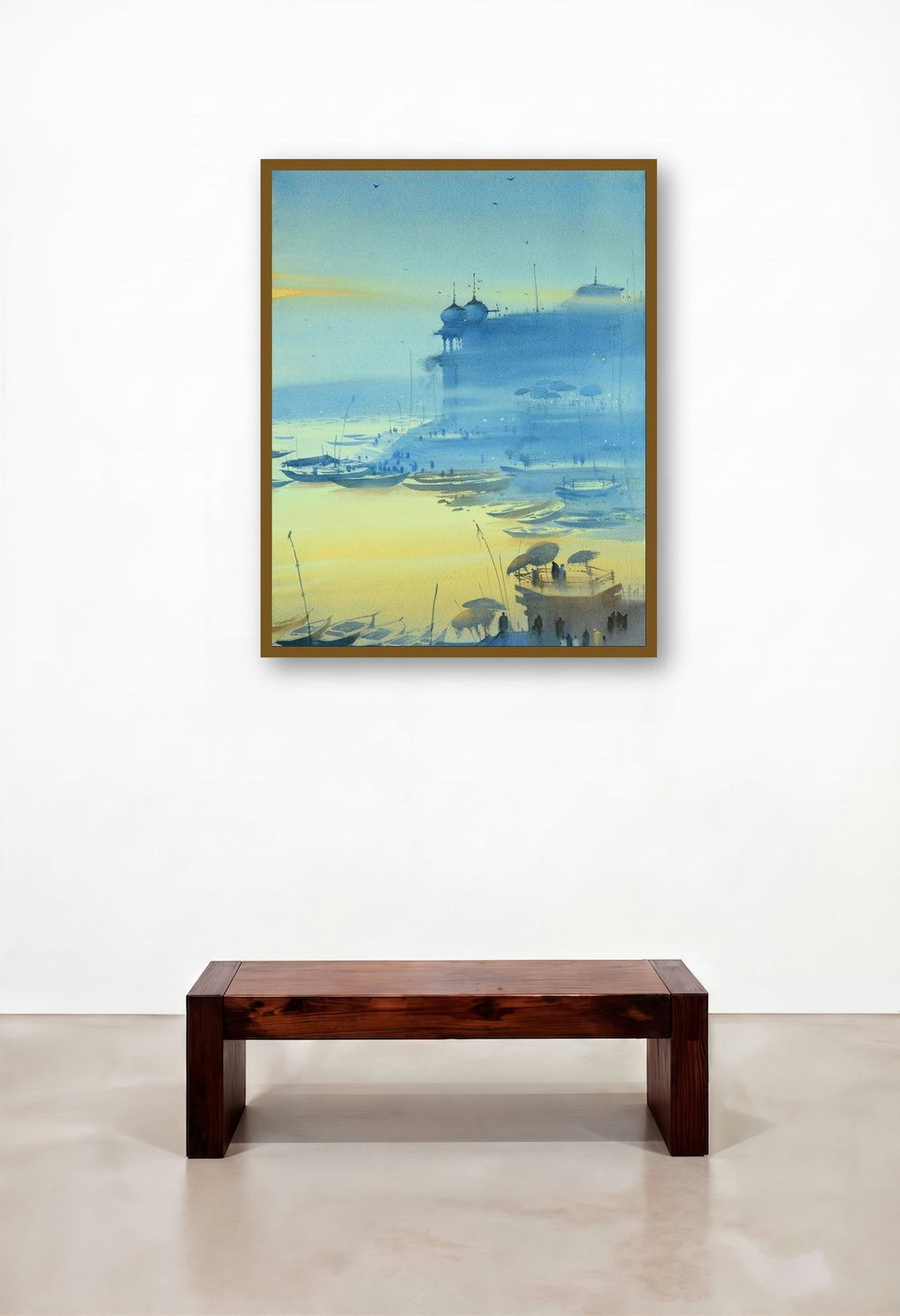 Banaras Ganga Ghat 15 (Dawns Embrace) by artist Ganesh Hire displayed in a Traditional Hallway
