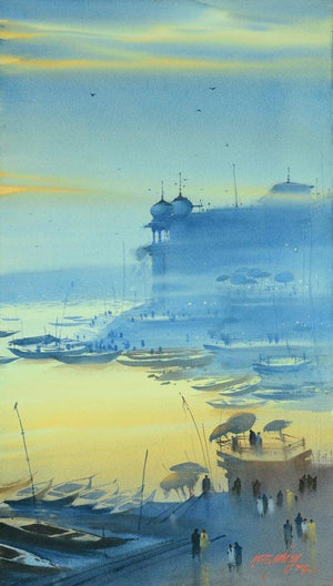 Banaras Ganga Ghat 15 (Dawns Embrace) by Ganesh Hire, Original Watercolor Nature Painting on Paper, Medium Vertical Wall Art