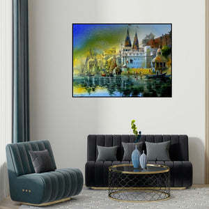 Bhuwan Silhare's 'Banaras Ghat' painting visualized above a sofa in a contemporary room.