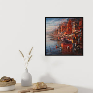 In-situ view of Paramesh Paul's 'Banaras Ghat 12 (Evening Rituals on the Varanasi Ghats)' painting in a room