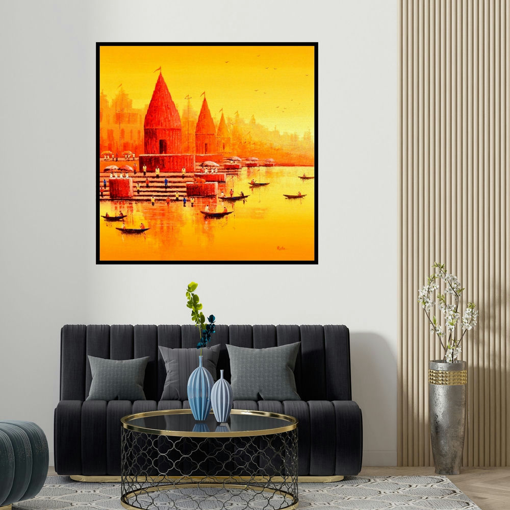 Reba Mandal's 'Banaras Ghat 14' painting visualized above a sofa in a contemporary room.