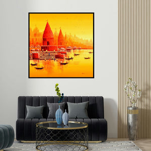 Reba Mandal's 'Banaras Ghat 14' painting visualized above a sofa in a contemporary room.